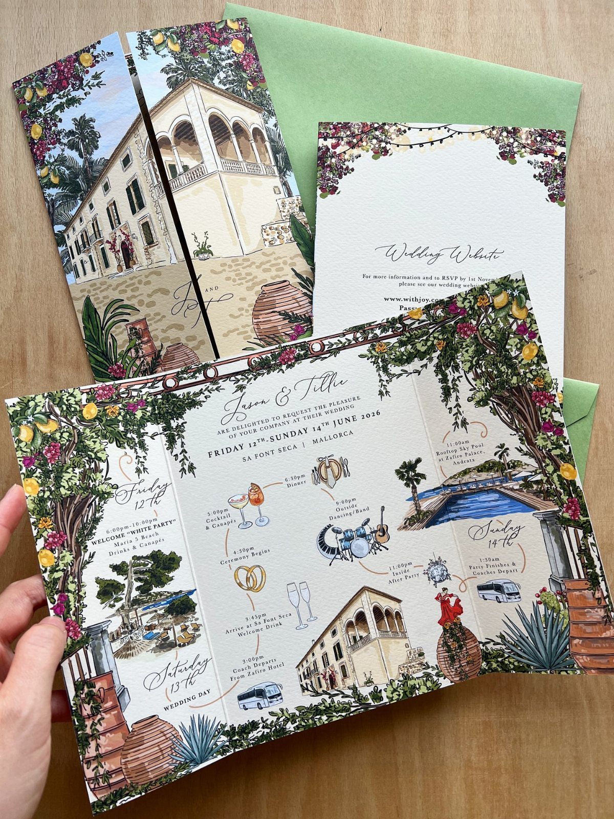 Illustrated wedding invitation map showing venue buildings and landmarks with floral borders.