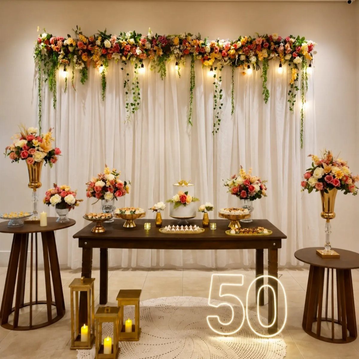 Dessert table with floral arrangements and a glowing number 50 sign for anniversary.