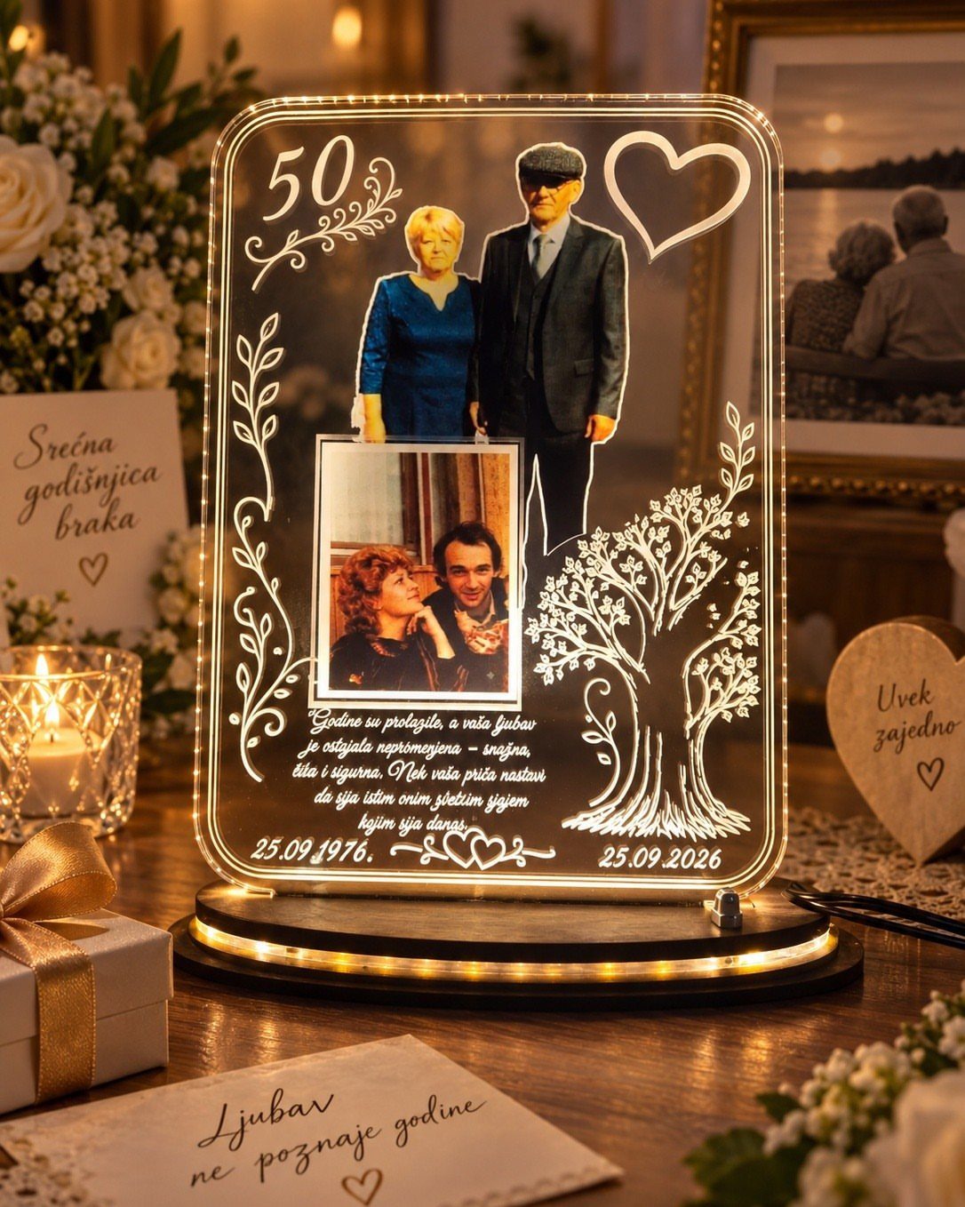 Illuminated acrylic LED plaque with couple's photos and 50th anniversary details on table.