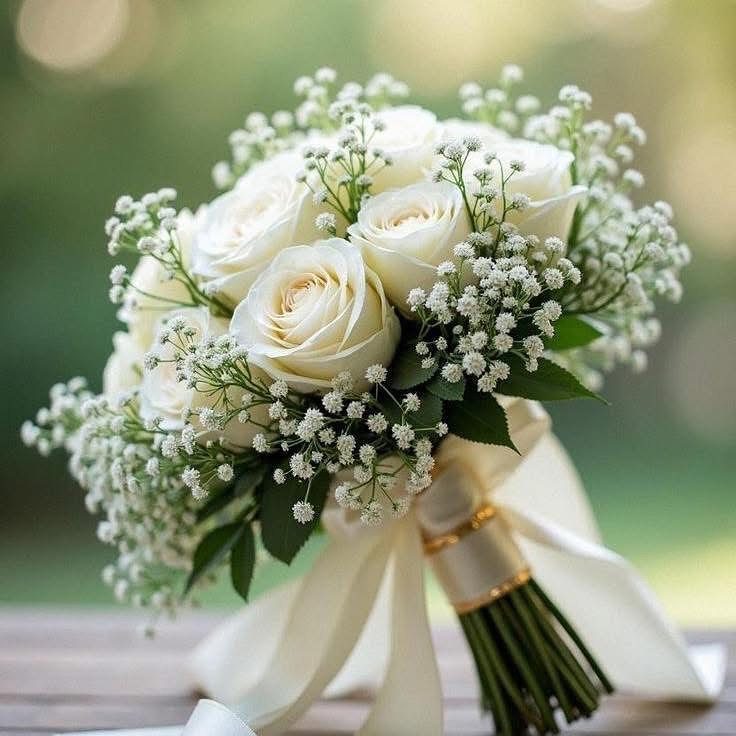 White rose and baby's breath bridal bouquet tied with a white satin ribbon.