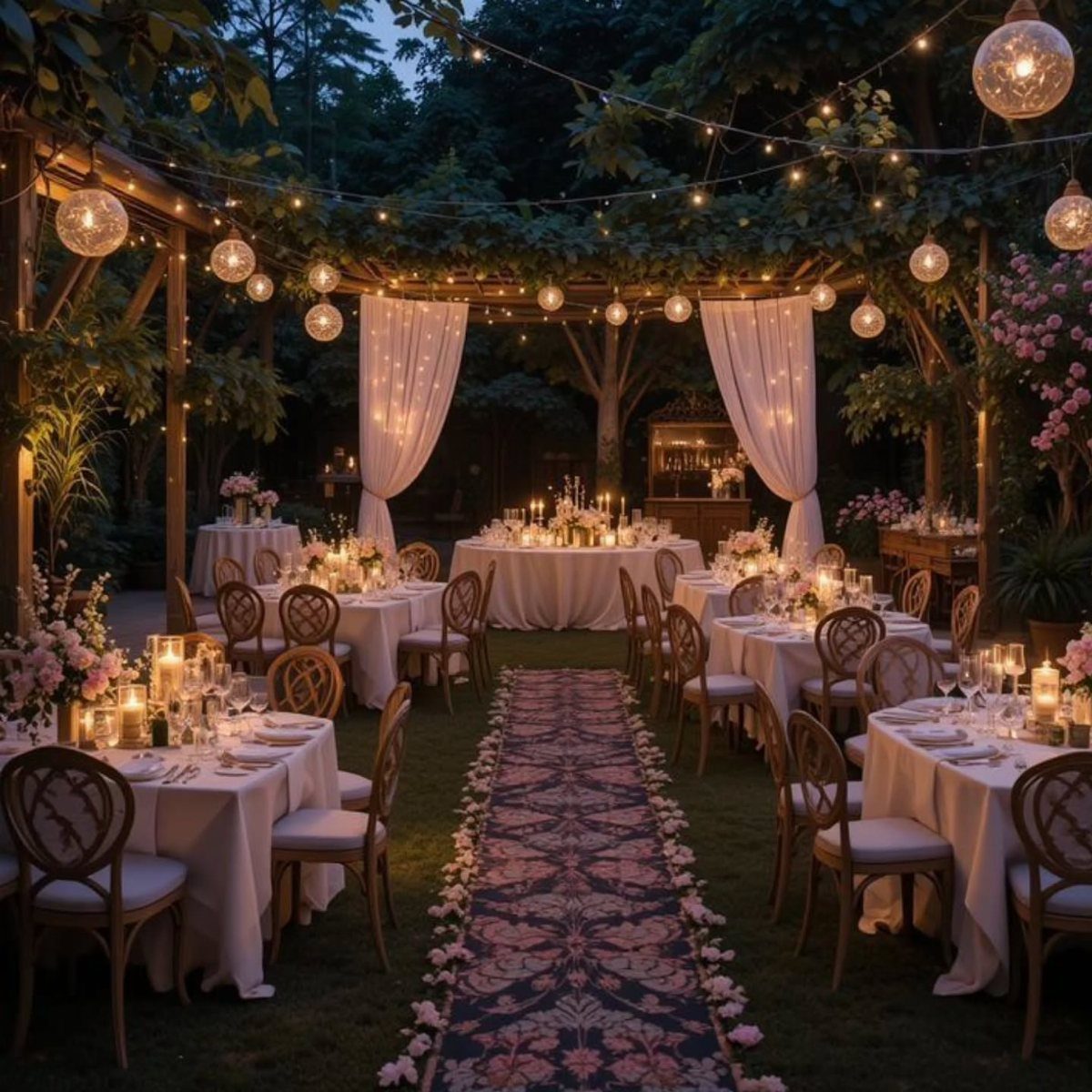 Outdoor evening dinner tables with white linens and string lights in a garden