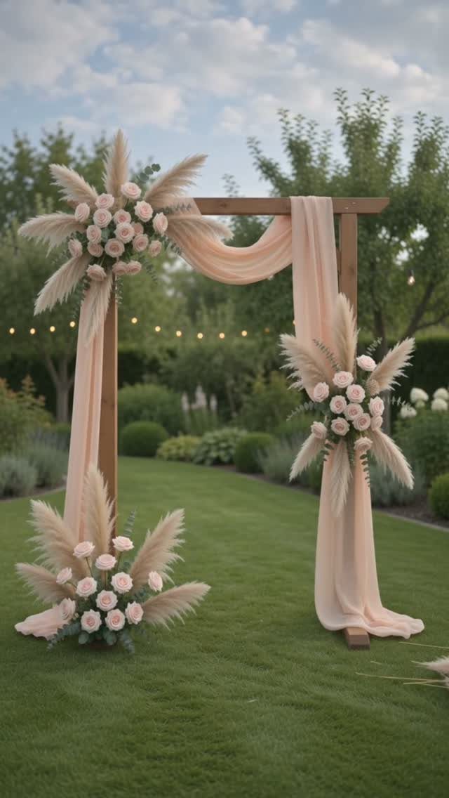 Wooden wedding arch with peach fabric and pink floral arrangements on a green lawn