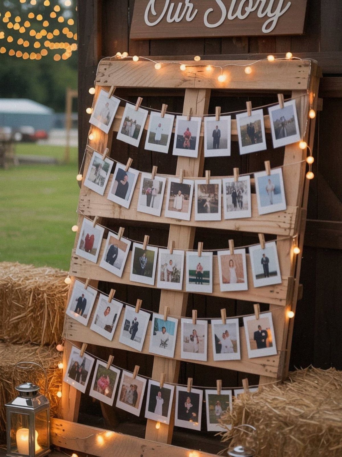 Wooden pallet display with clipped photographs and string lights next to hay bales.