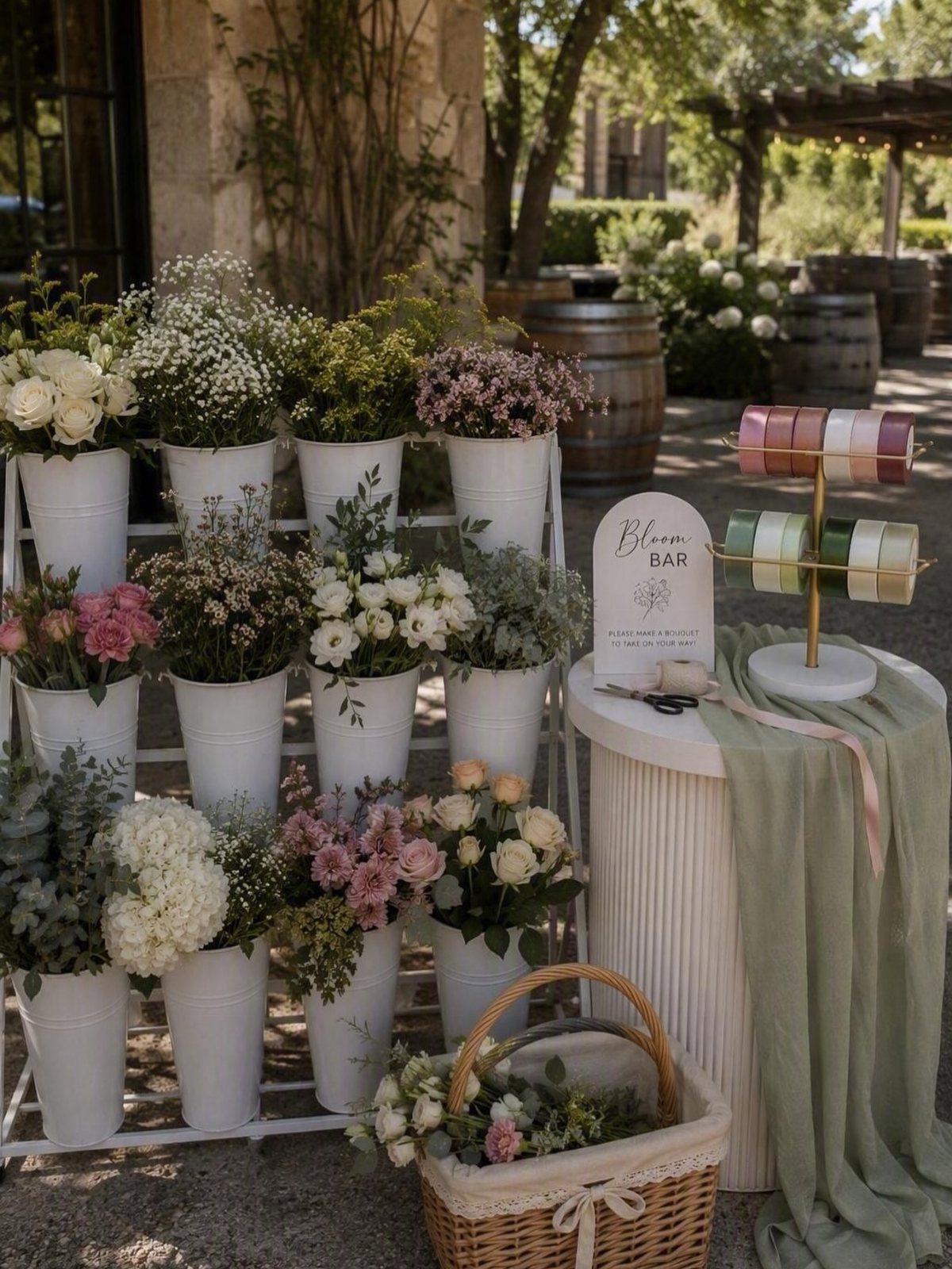 Flower bar with white buckets of assorted blooms and a ribbon station outdoors.