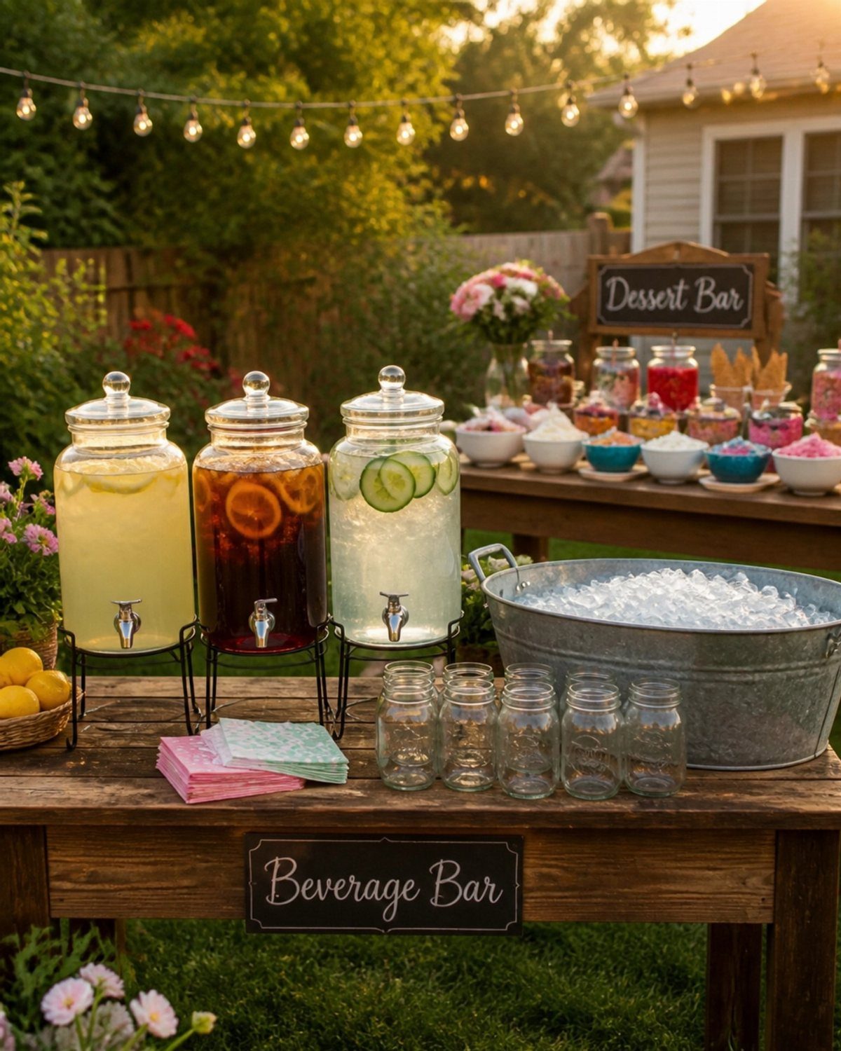 Beverage bar with fruit-infused drink dispensers and ice tub on a wooden table.