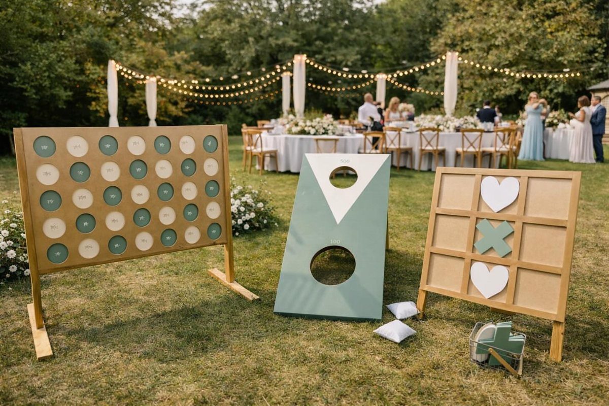Wooden lawn games on a grass field with wedding guests and lights behind.