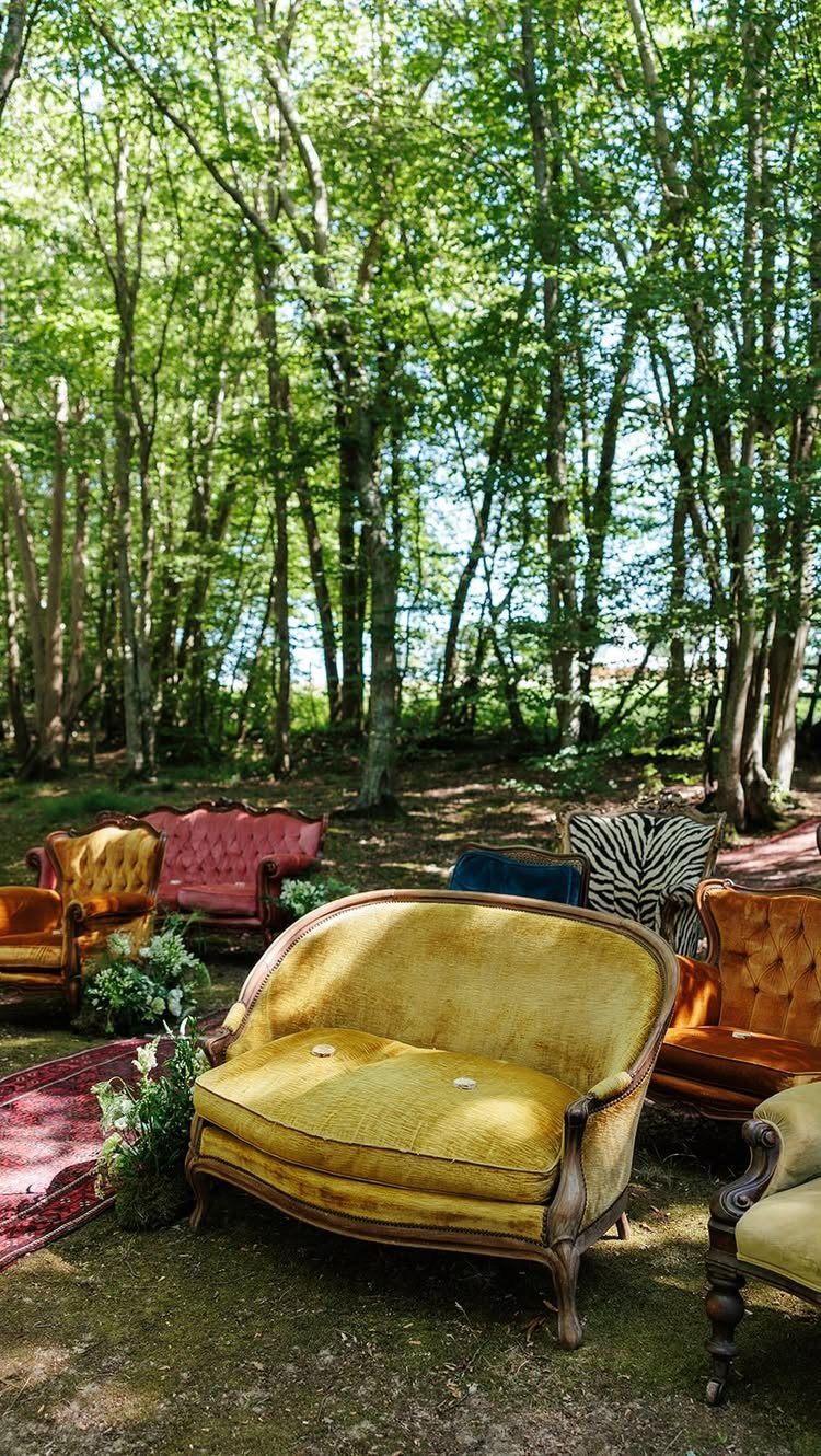 Vintage upholstered sofas and armchairs arranged in a lush green wooded area.