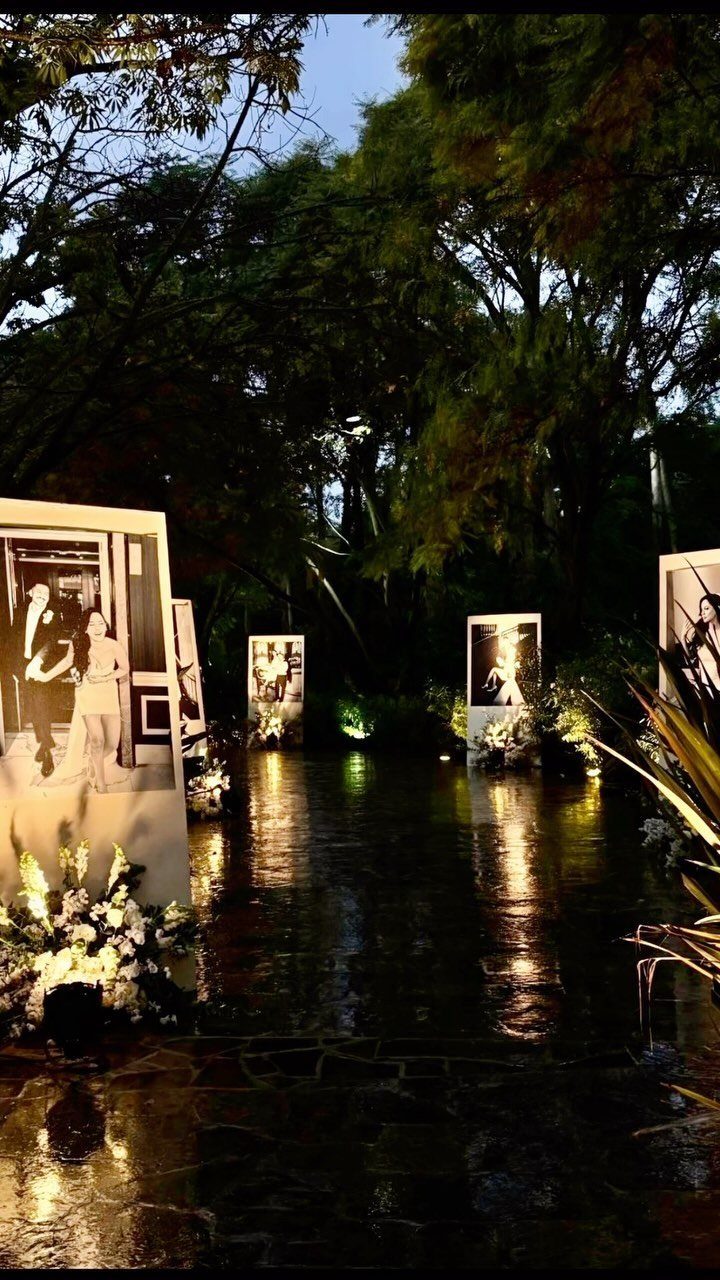 Large black and white photos on white boards displayed in a garden at night