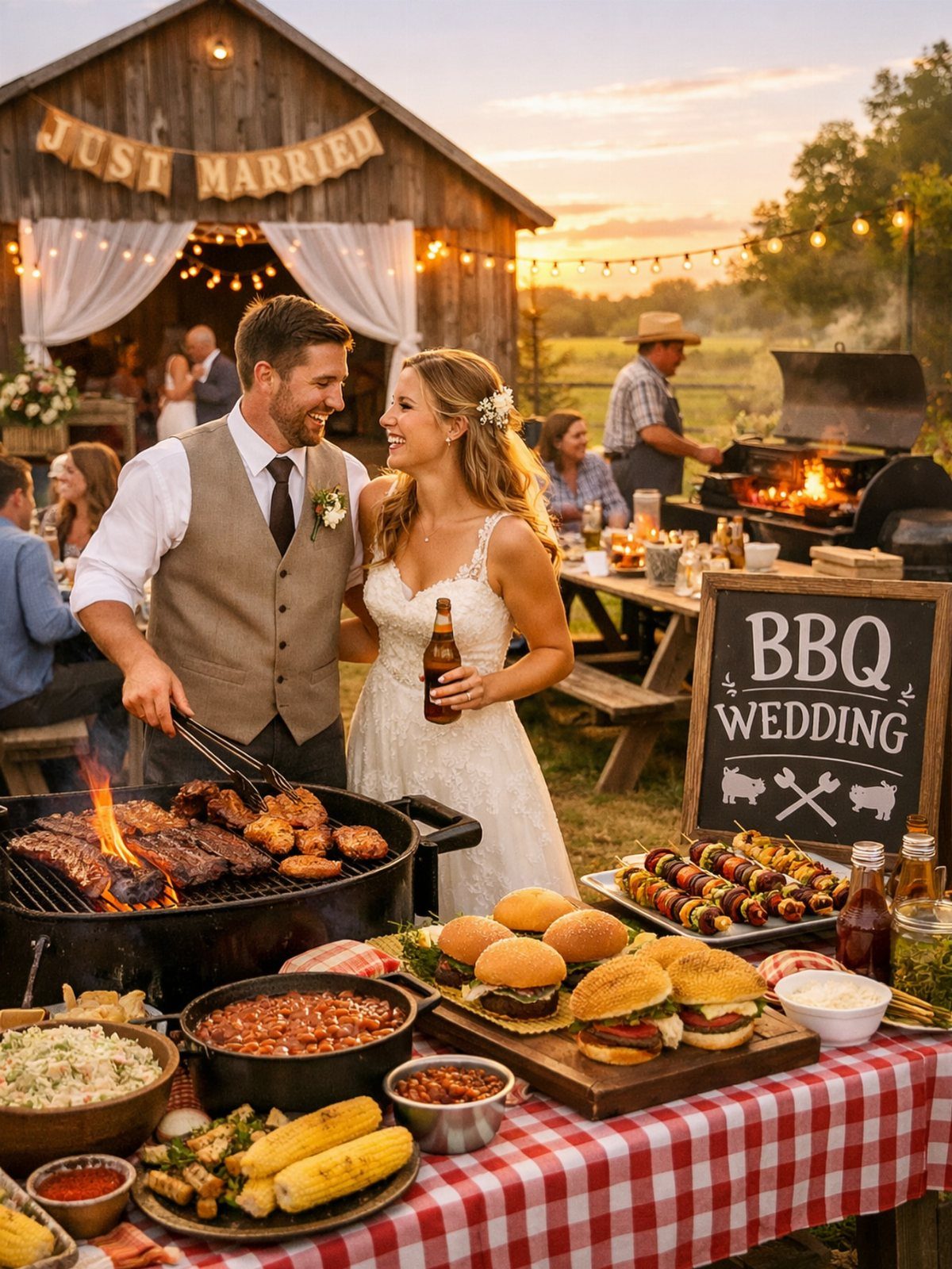 Bride and groom at a backyard wedding with a BBQ food spread and grill.