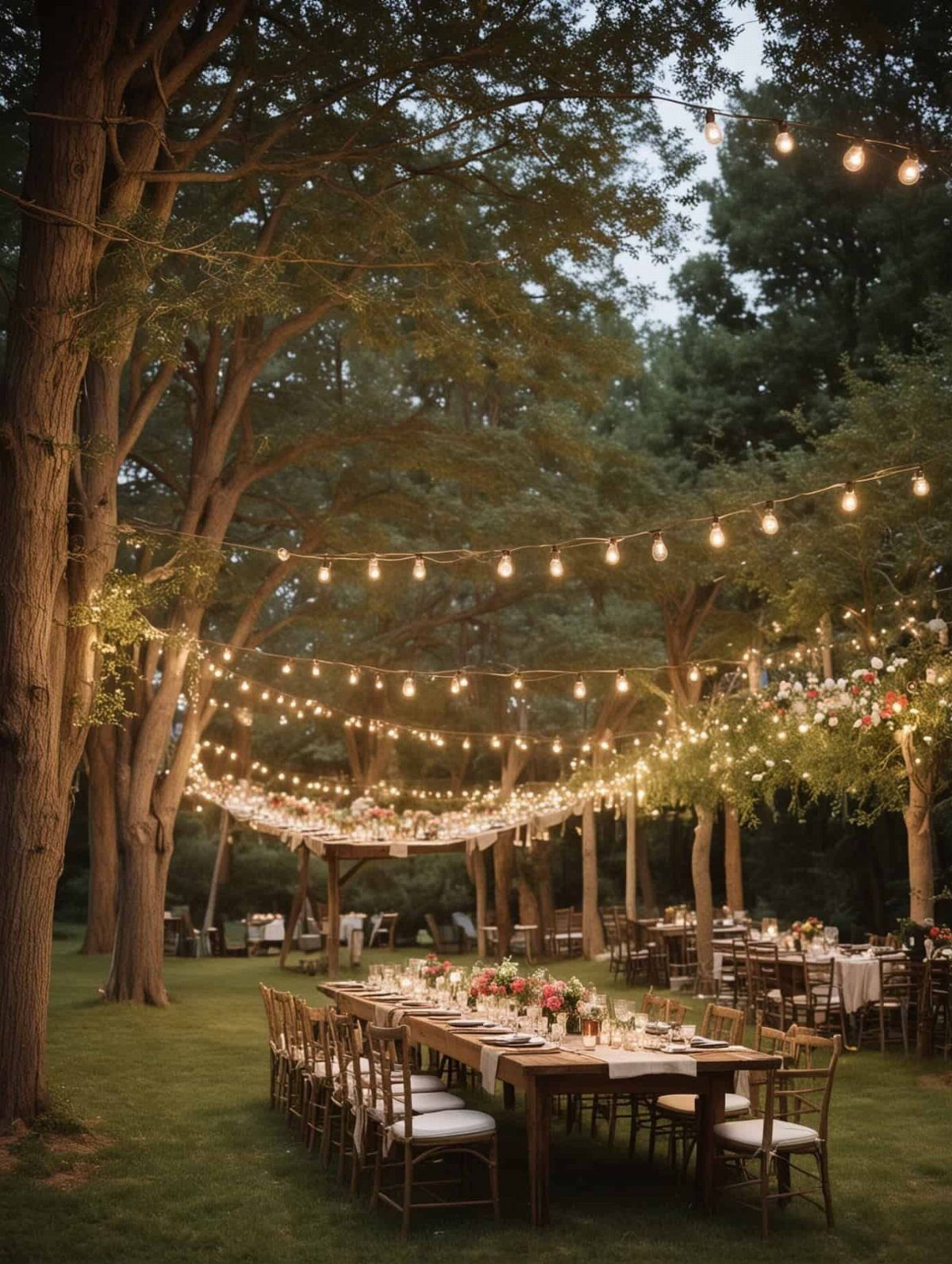 Long wooden dining tables with floral centerpieces under glowing string lights in a forest