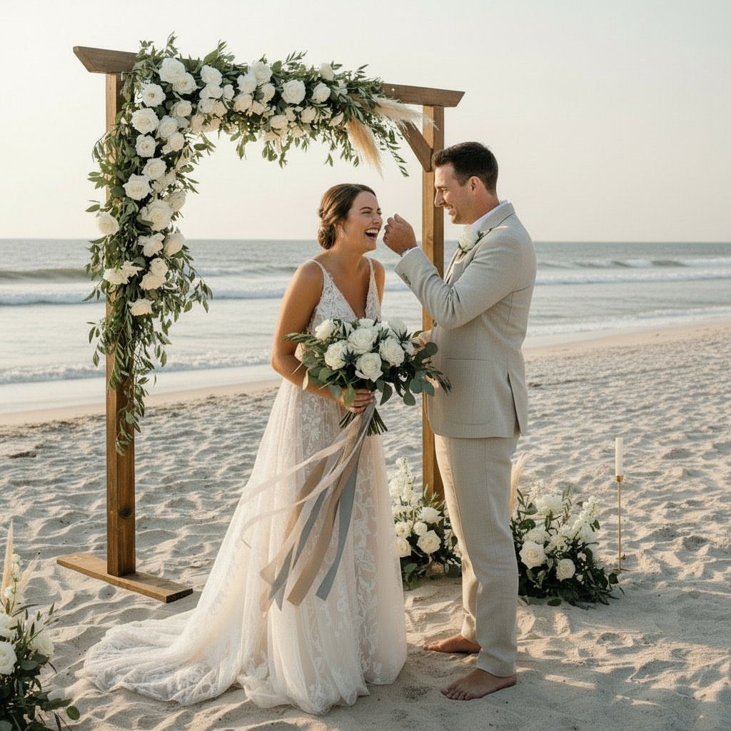 Barefoot bride and groom smiling under a floral wooden arch on a beach.