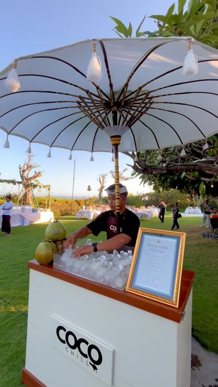 Refreshment stand with coconuts on ice under a white umbrella on a lawn