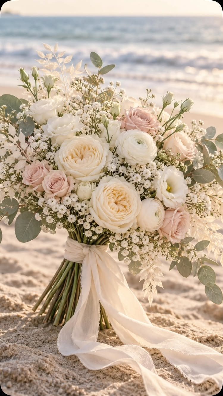 Bridal bouquet with white and pink roses resting on a sandy beach shore.