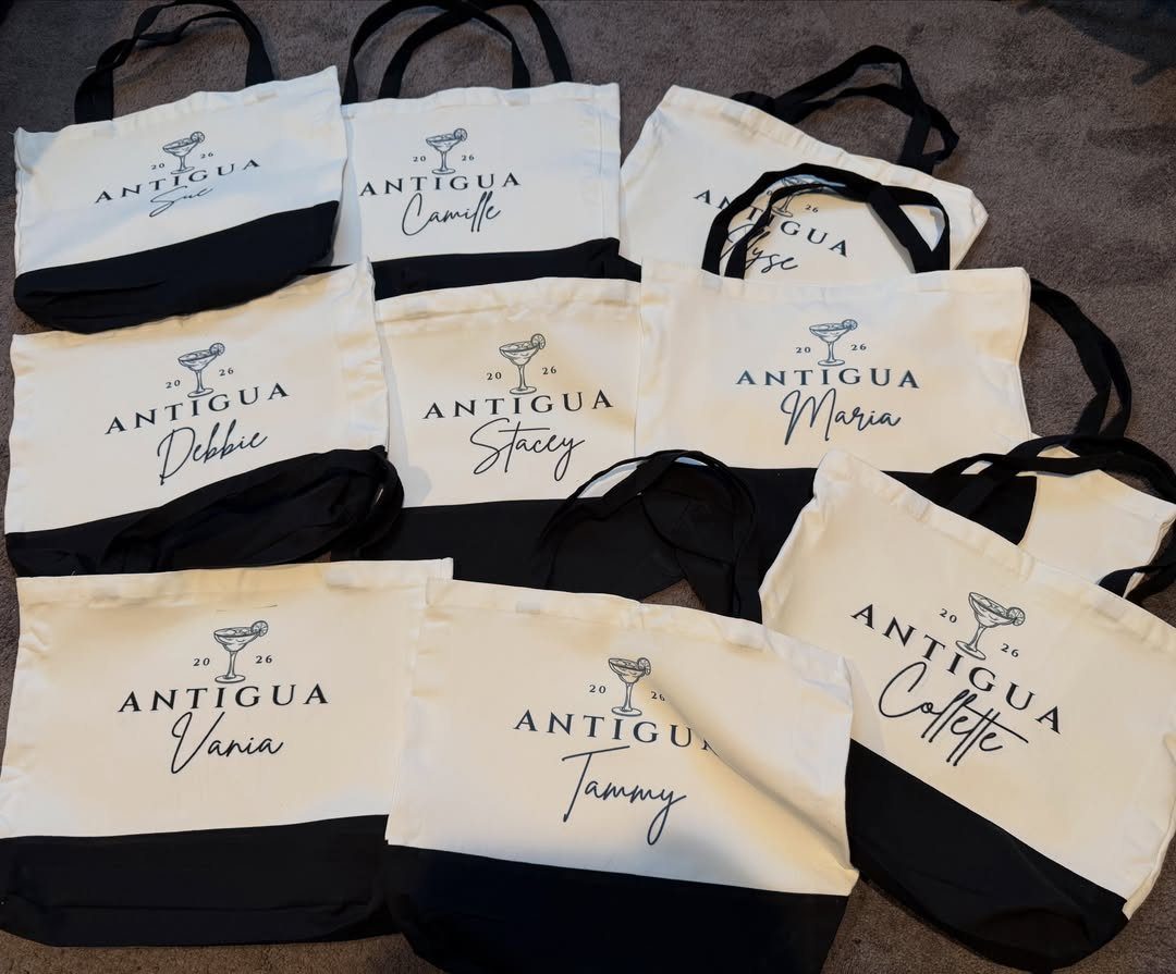 Personalized white and black canvas beach bags with names and cocktail icons.