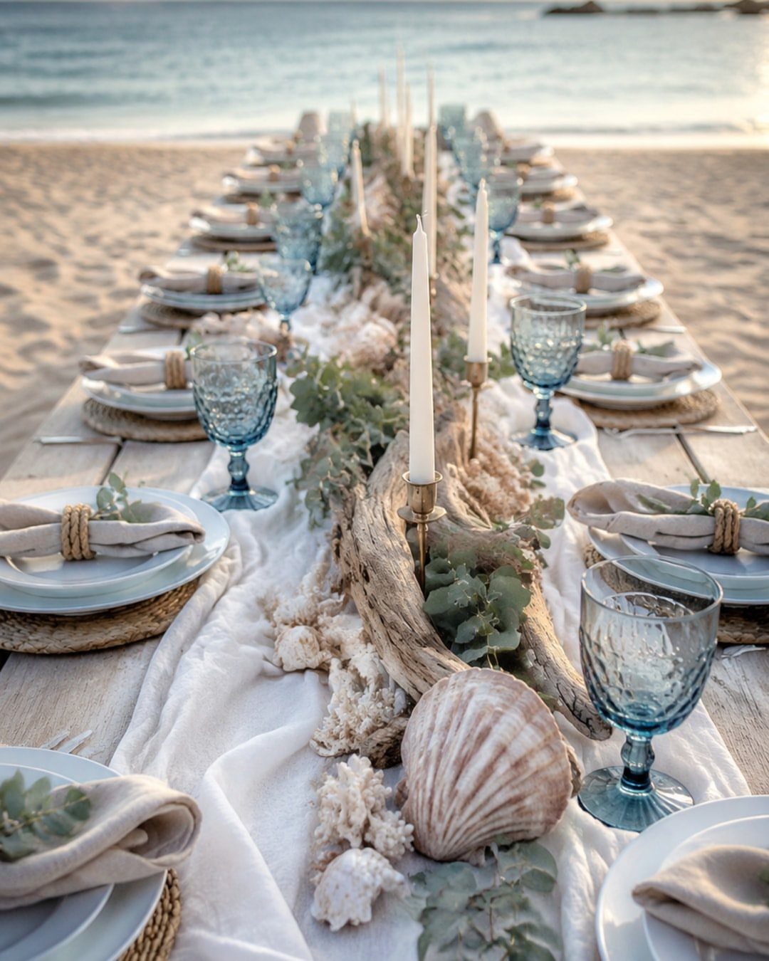 Beach wedding table setting with driftwood, seashells, blue glasses, and white candles.