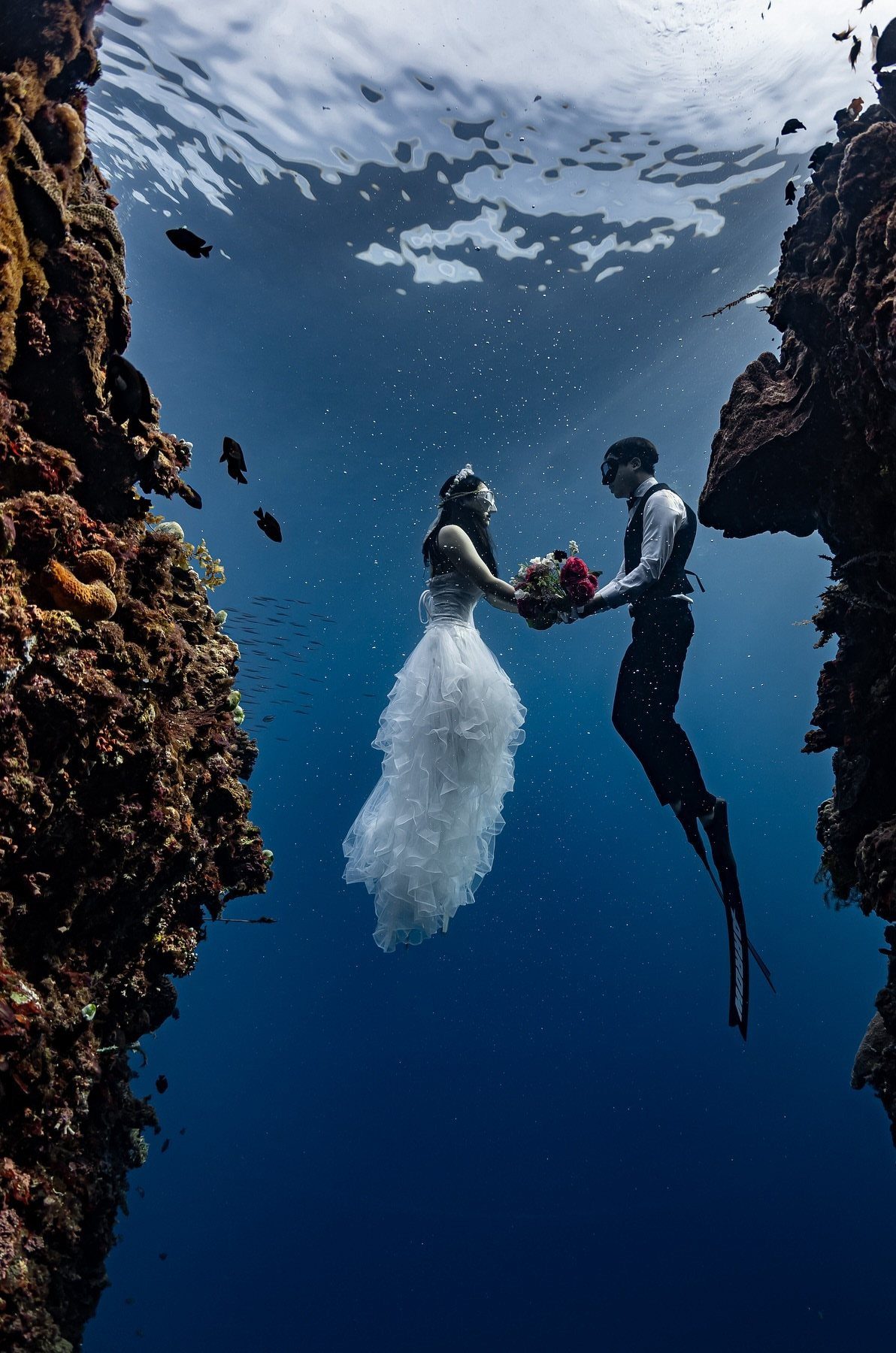 Bride and groom floating underwater in wedding attire between rocky coral reefs.
