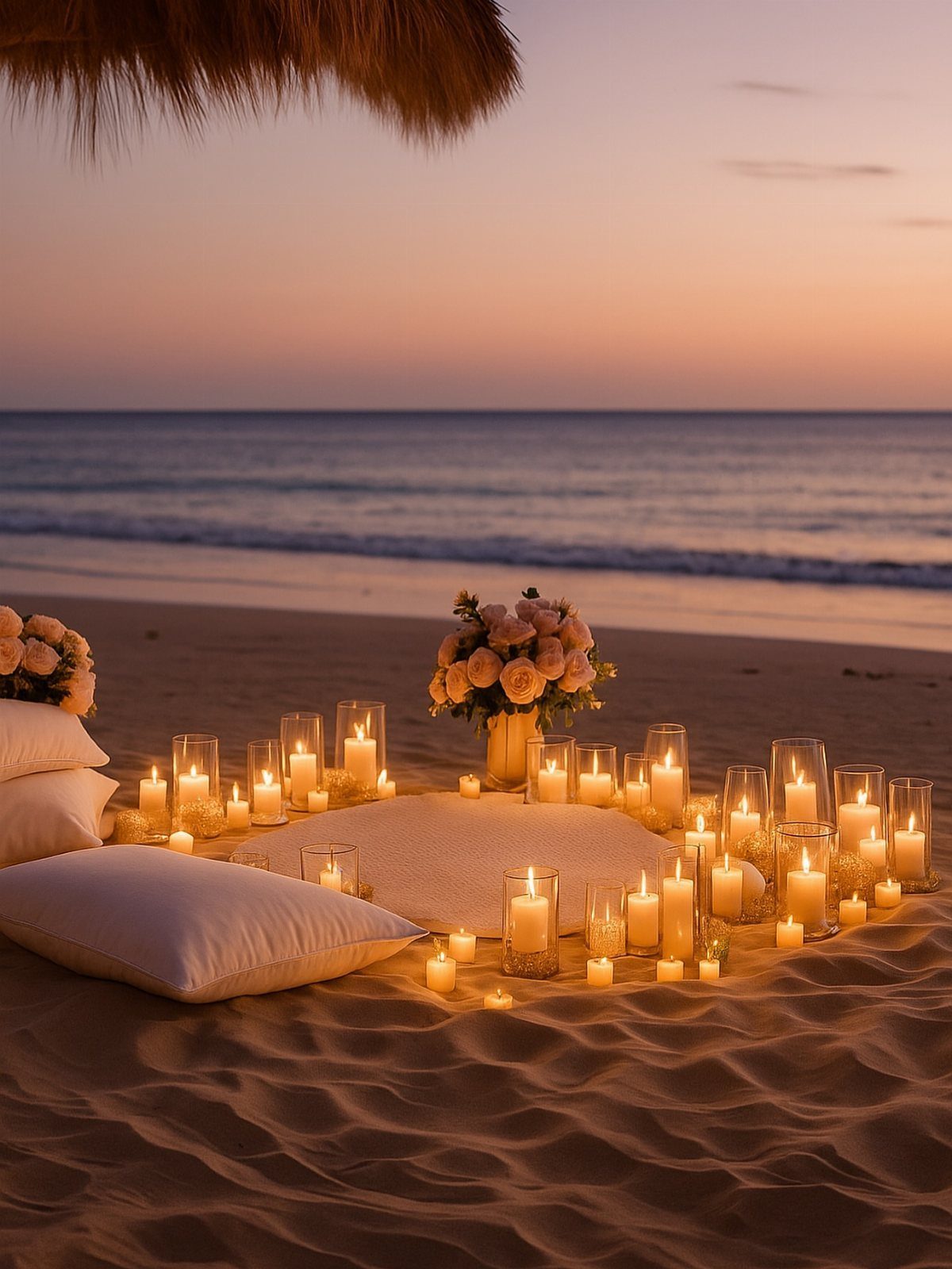 Romantic beach setup with white cushions, glowing candles, and roses at sunset.