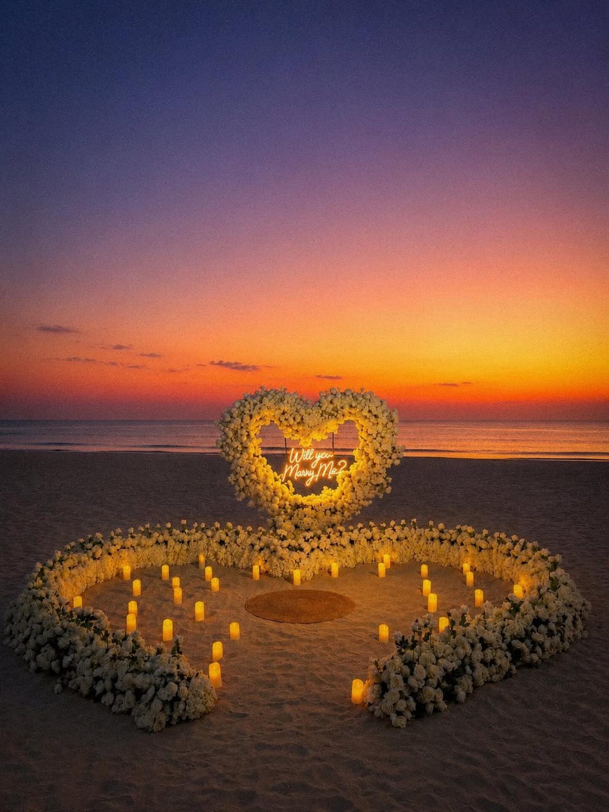 Heart-shaped floral arch and candle border on a beach at sunset.
