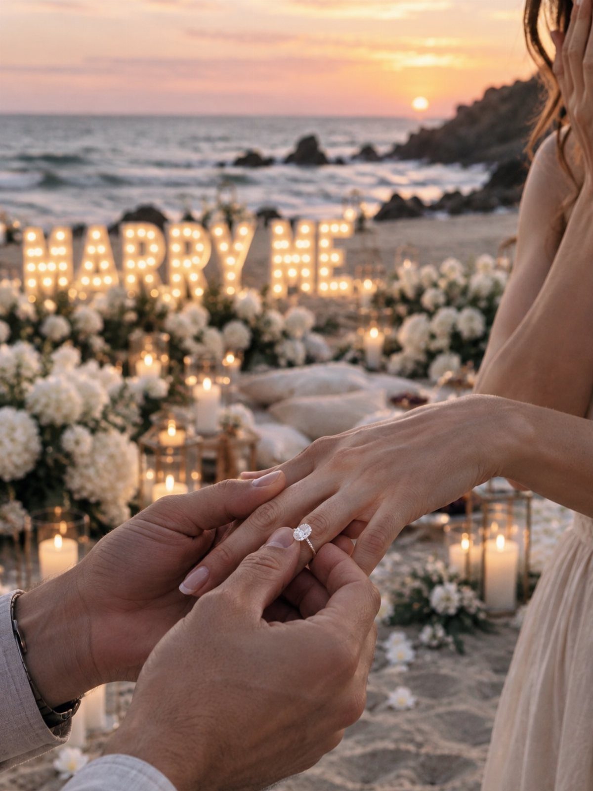 Man placing a diamond ring on a woman's finger with illuminated Marry Me letters