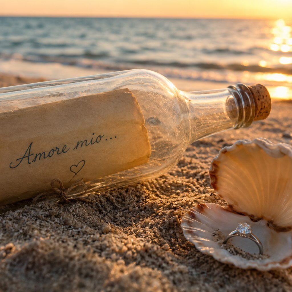 Glass bottle with love letter and diamond ring in a shell on beach