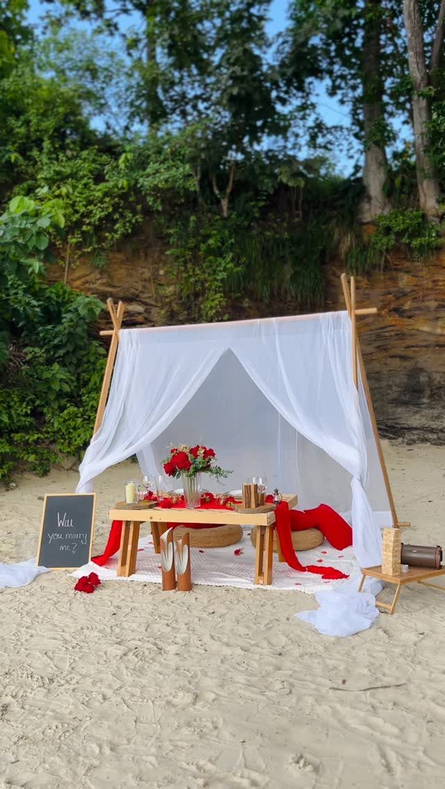 Romantic beach picnic setup with a white canopy, low wooden table, and red roses.