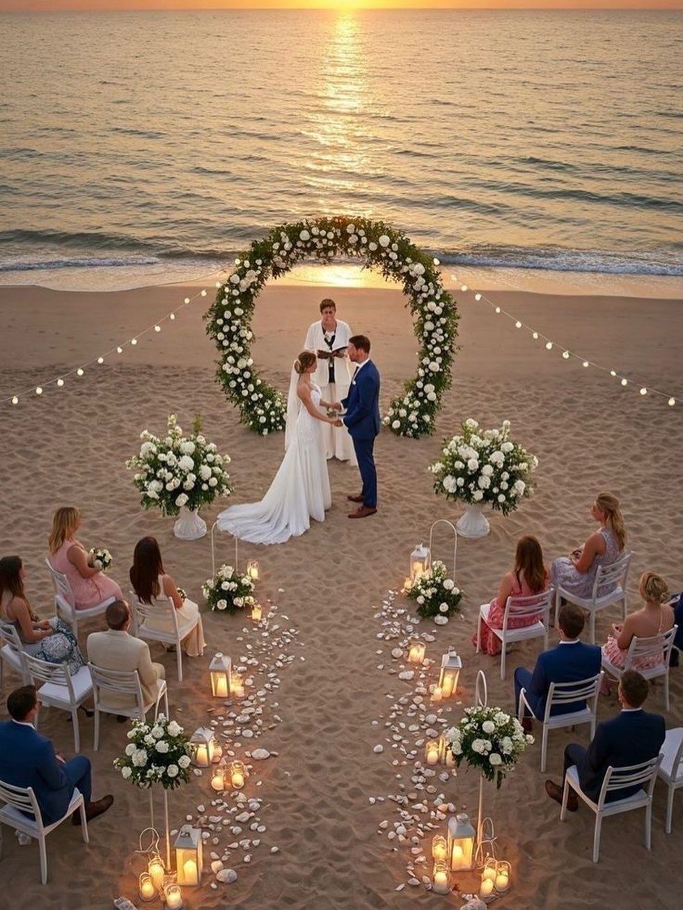 Wedding couple standing under a circular white floral arch on a sandy beach.