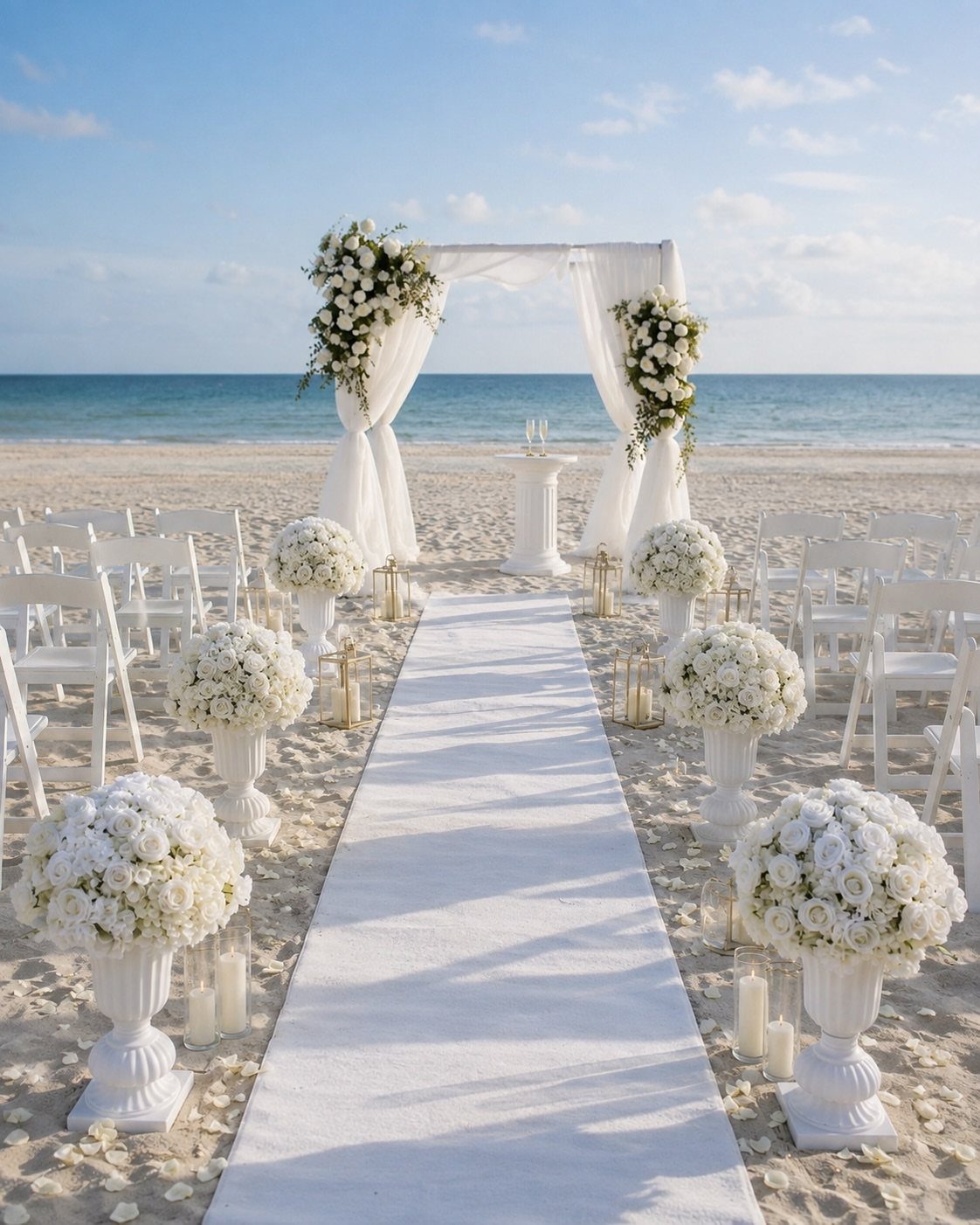 White wedding ceremony setup on a sandy beach with floral arch and aisle.