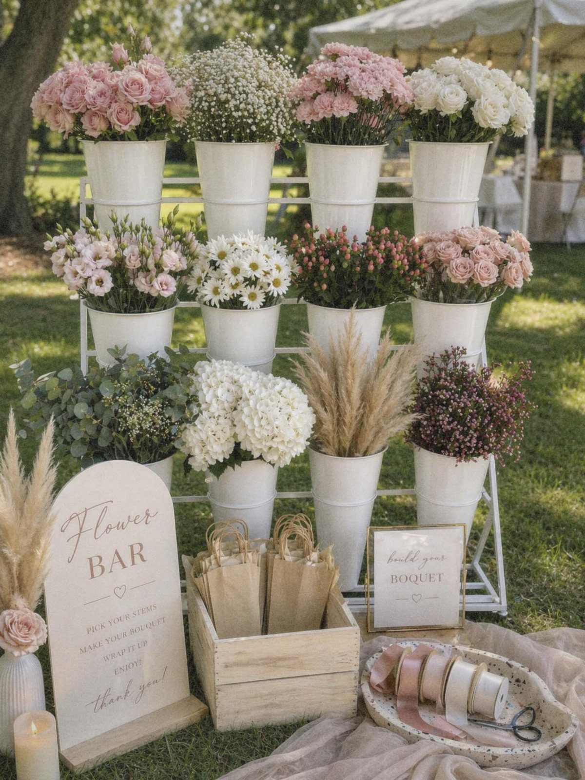 Flower bar with buckets of pink and white blooms, paper bags, and ribbons.