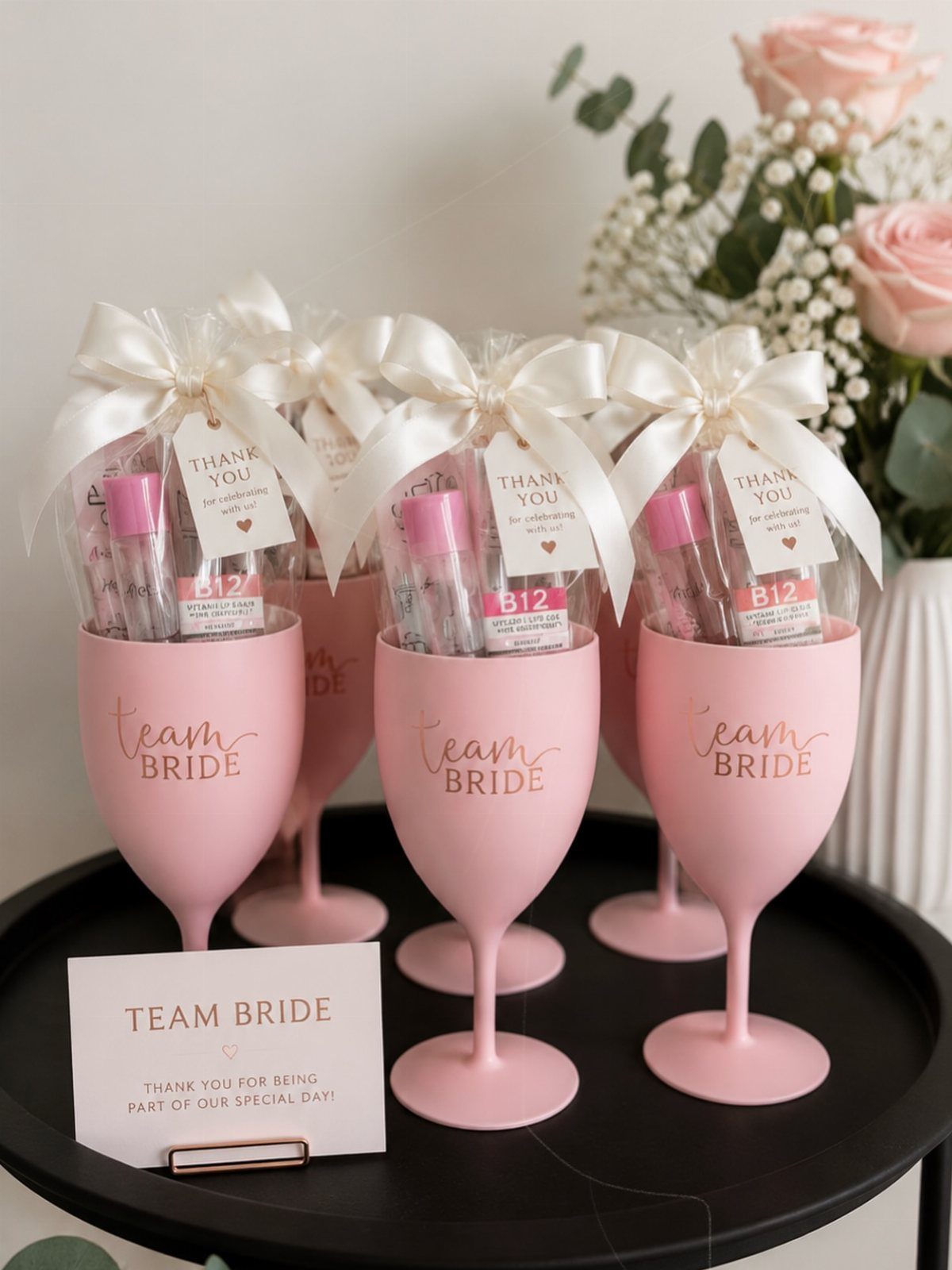 Pink champagne glasses filled with small beauty tubes and white ribbons on a tray