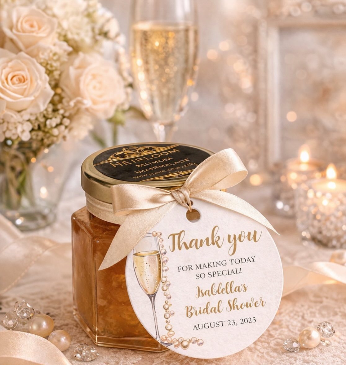 Mini jam jar with a bridal shower thank you tag and cream ribbon.