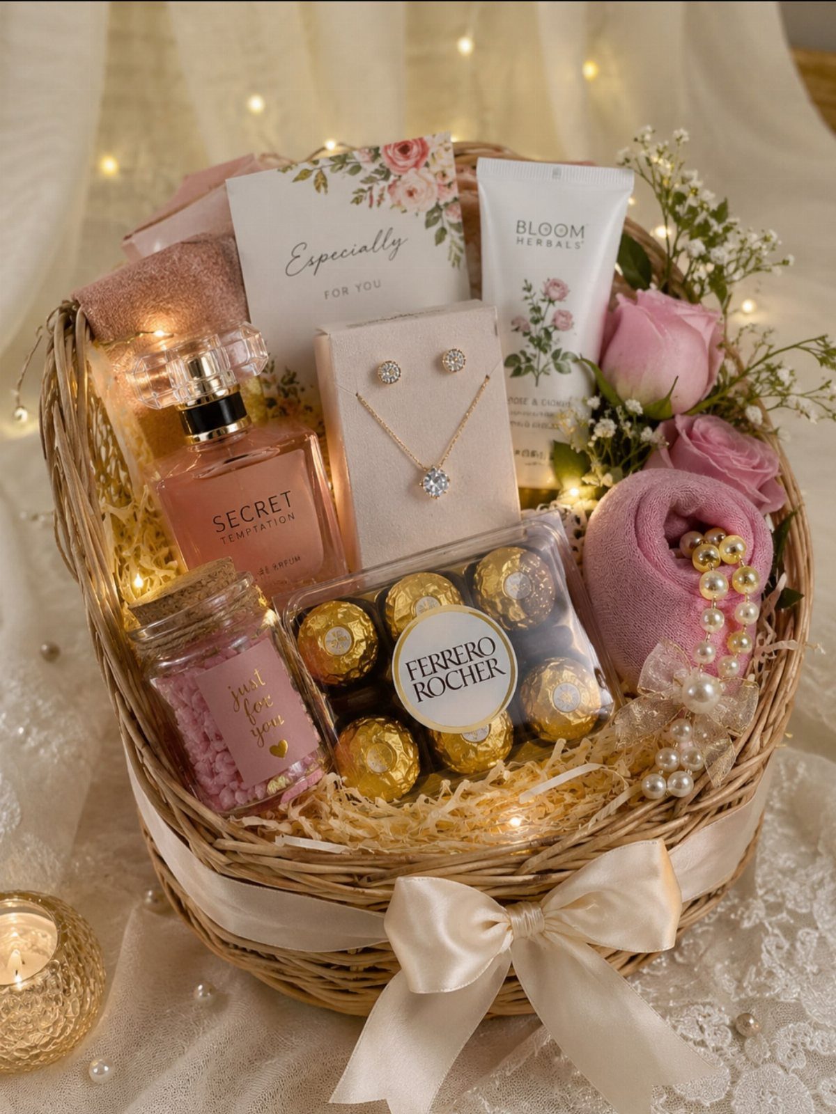 Wicker gift basket with pink perfume, jewelry, chocolates, and skincare items for pampering.