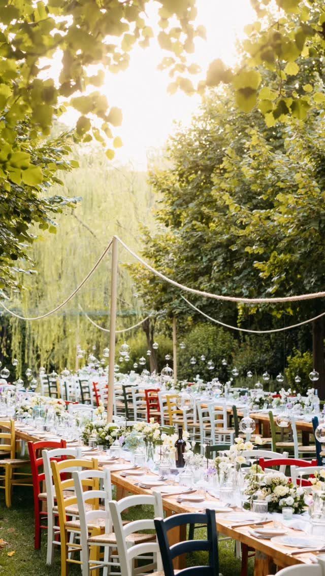 Wooden outdoor wedding tables with white floral centerpieces and colorful mismatched chairs.