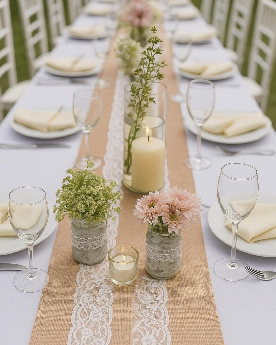 Burlap and lace table runner with mason jar flower centerpieces on white table