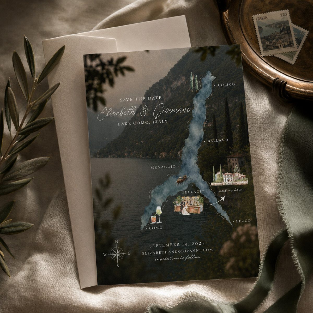 Save the date card with an illustrated map of Lake Como on fabric.
