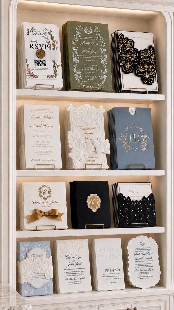 Wedding invitation suites with die cut patterns and premium paper on white shelves.