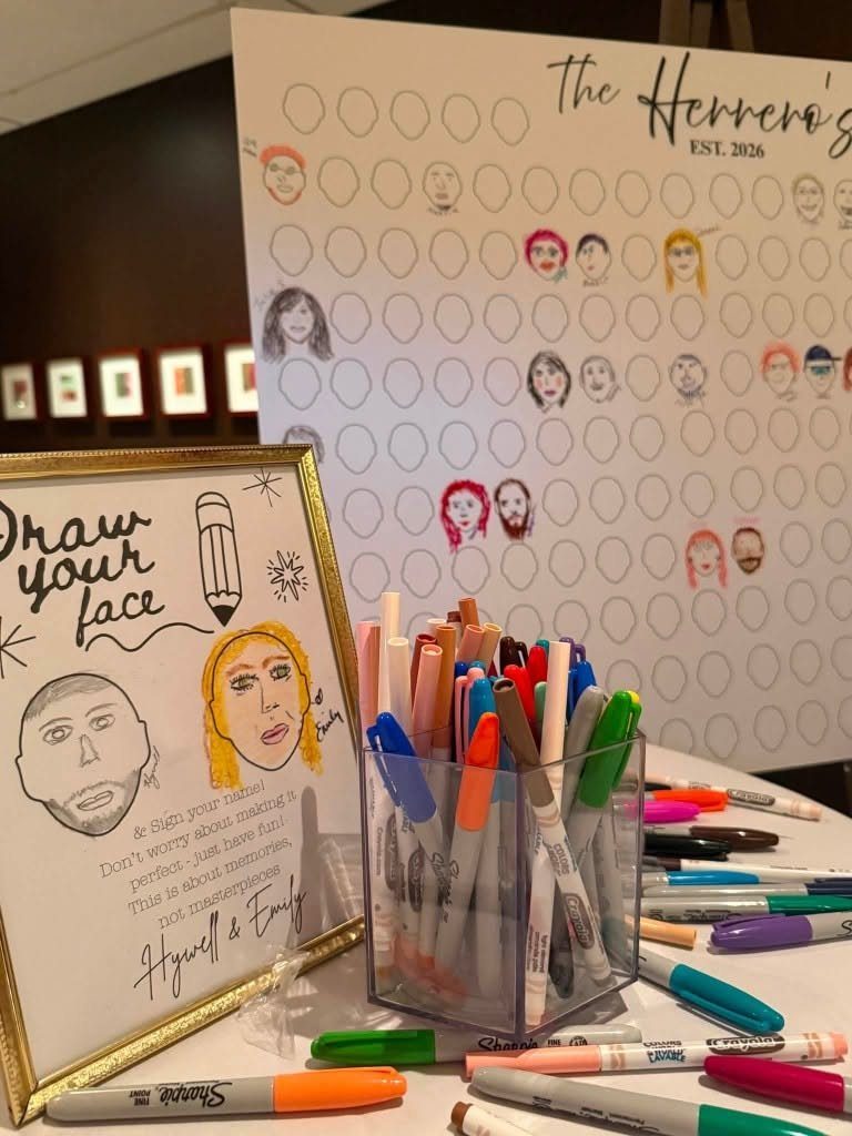 Guest book poster with pre-drawn face outlines and colorful markers for guests.