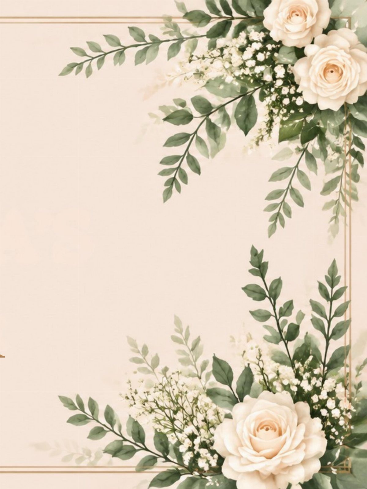 Beige background with watercolor white roses and green leaves in opposite corners.