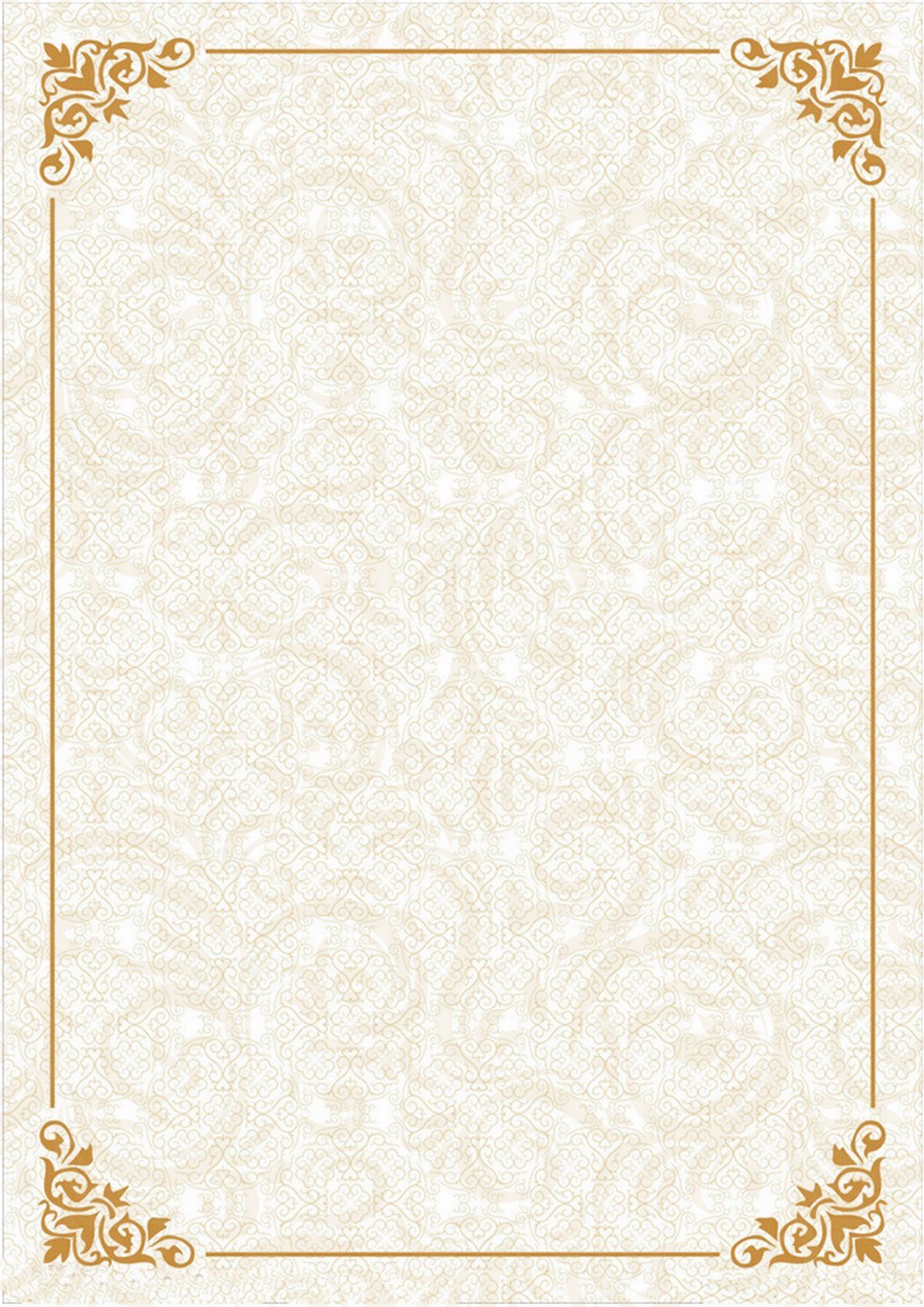 Cream damask background with a thin gold linear border and ornate corner flourishes.
