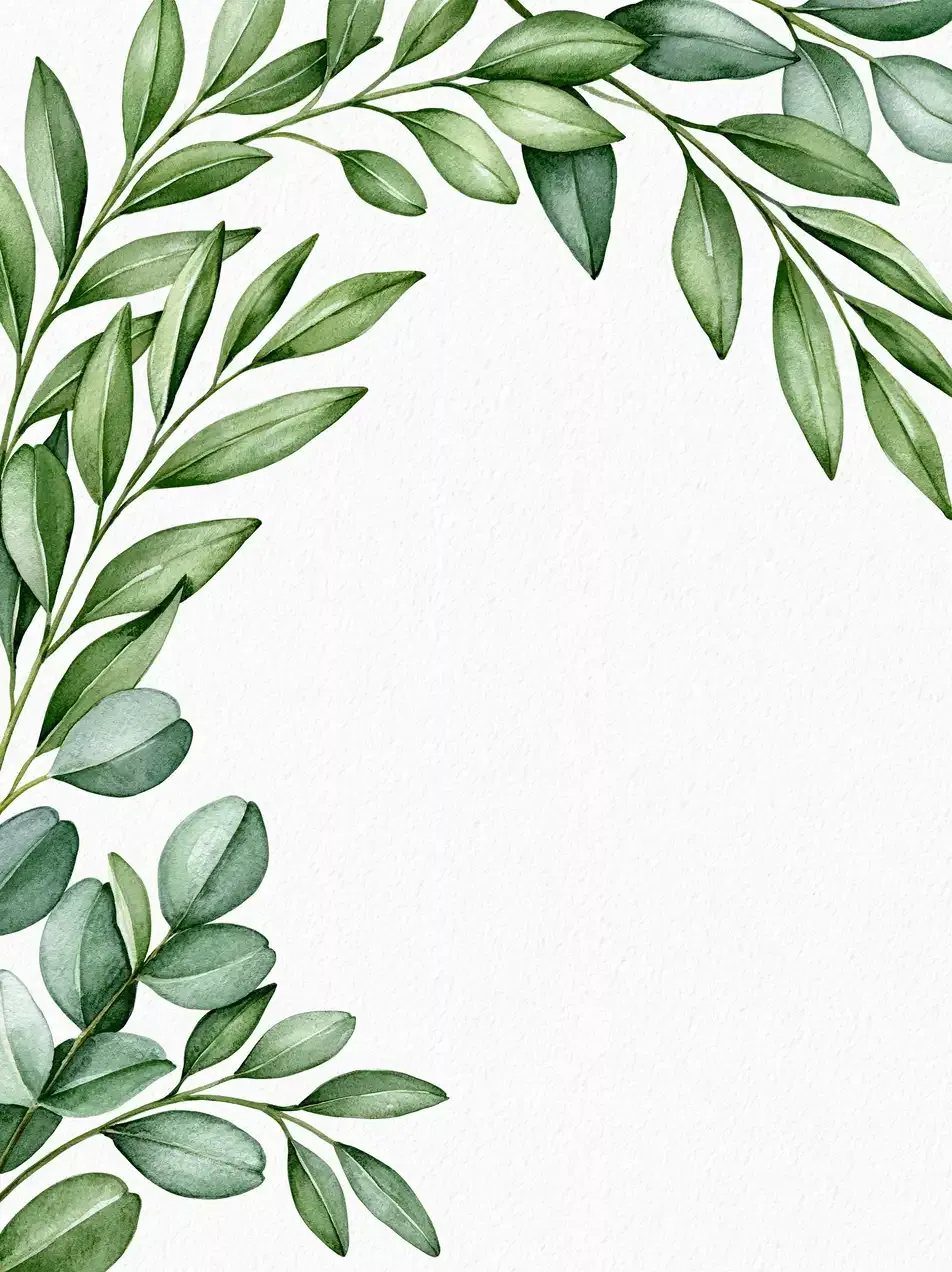 Green watercolor leaves framing a white textured paper background for an invitation.