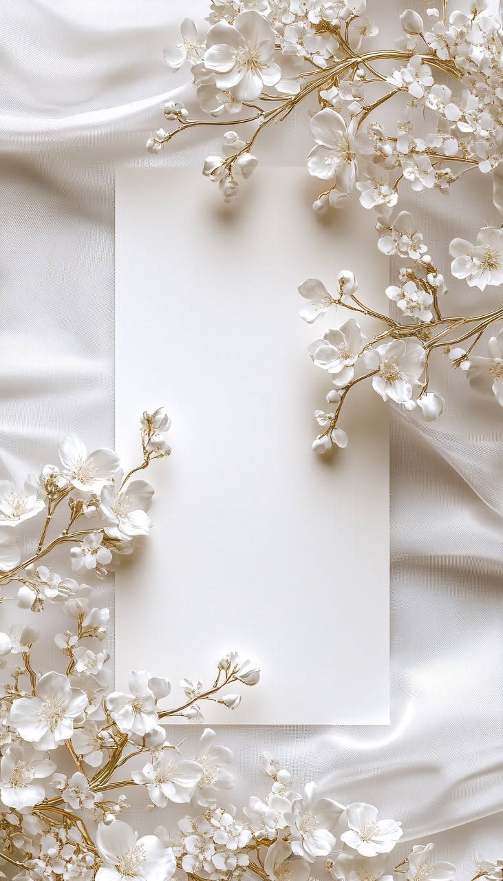 Blank white card on draped white satin fabric with white floral accents