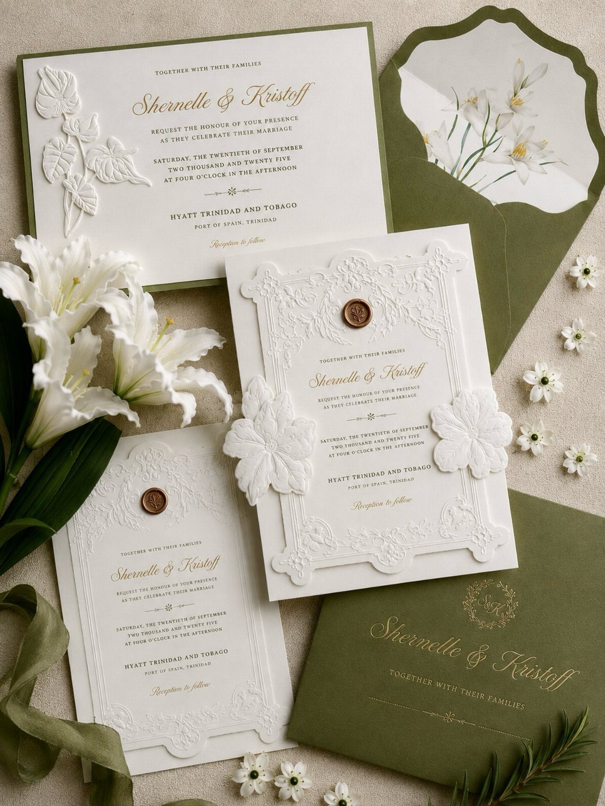 White embossed wedding invitations with gold lettering and olive green envelopes and lilies