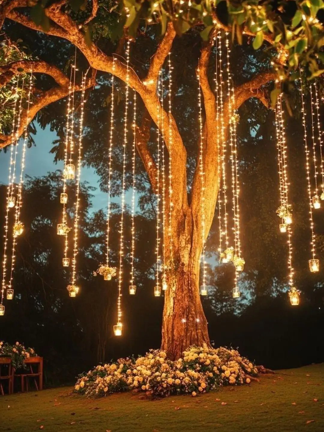 Large tree decorated with hanging fairy lights, lanterns, and white flowers at base.