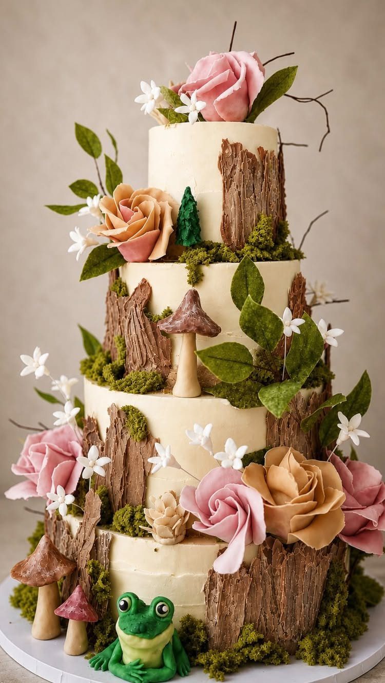 Multi-tiered wedding cake decorated with edible bark, moss, roses, mushrooms, and a frog.