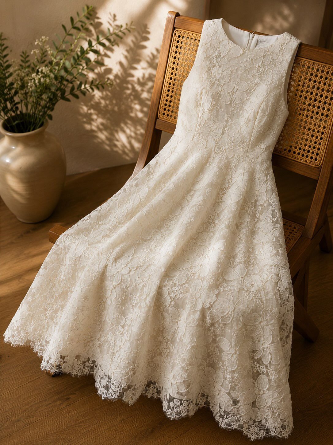 White lace midi dress with floral patterns draped over a wooden cane chair.