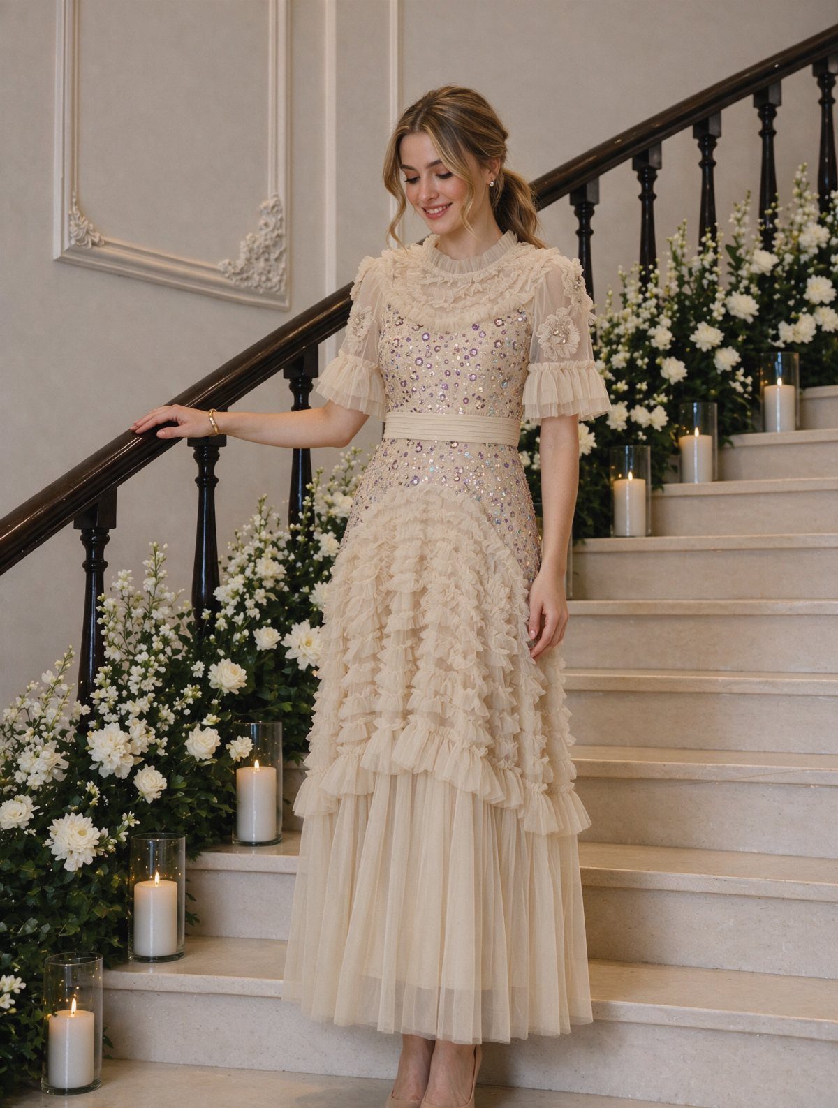 Woman in a champagne sequined ruffle dress standing on a flower-decorated staircase.