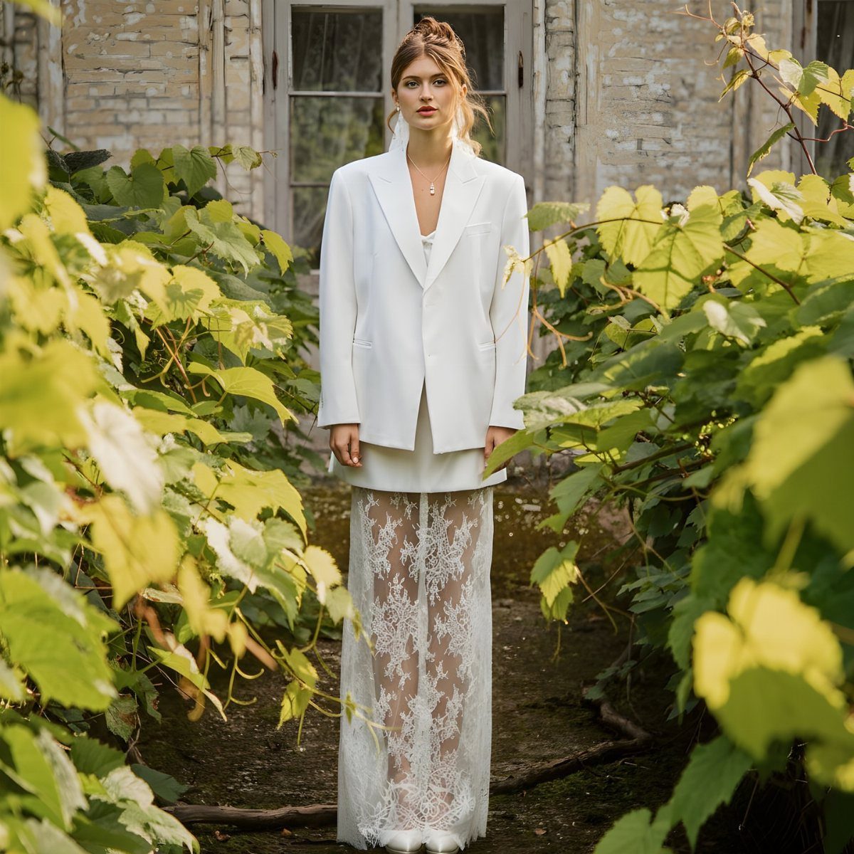 Woman in a white tailored blazer and lace dress standing in a vineyard.