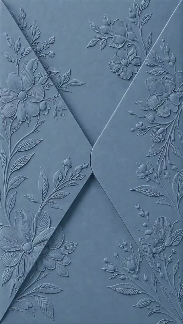 Dusty blue envelope with embossed floral patterns and a textured paper finish.