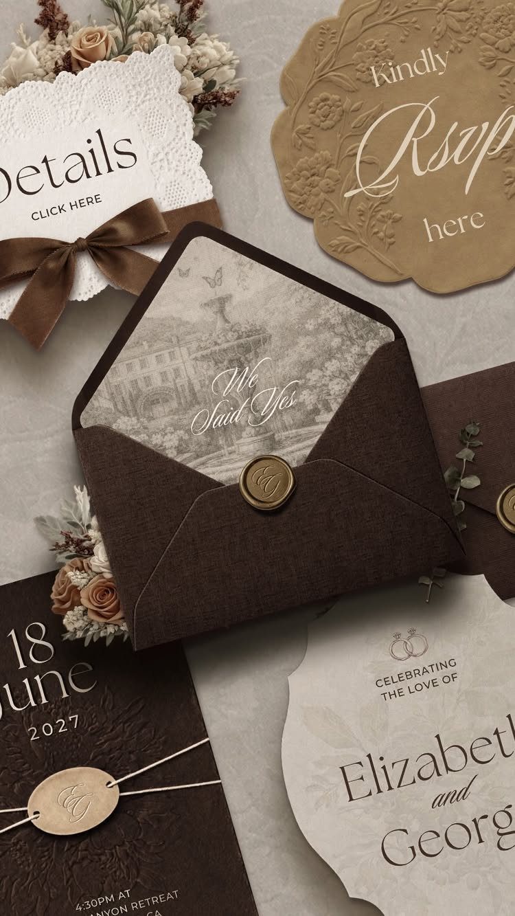 Wedding stationery set with dark brown envelopes, gold wax seals, and elegant typography.