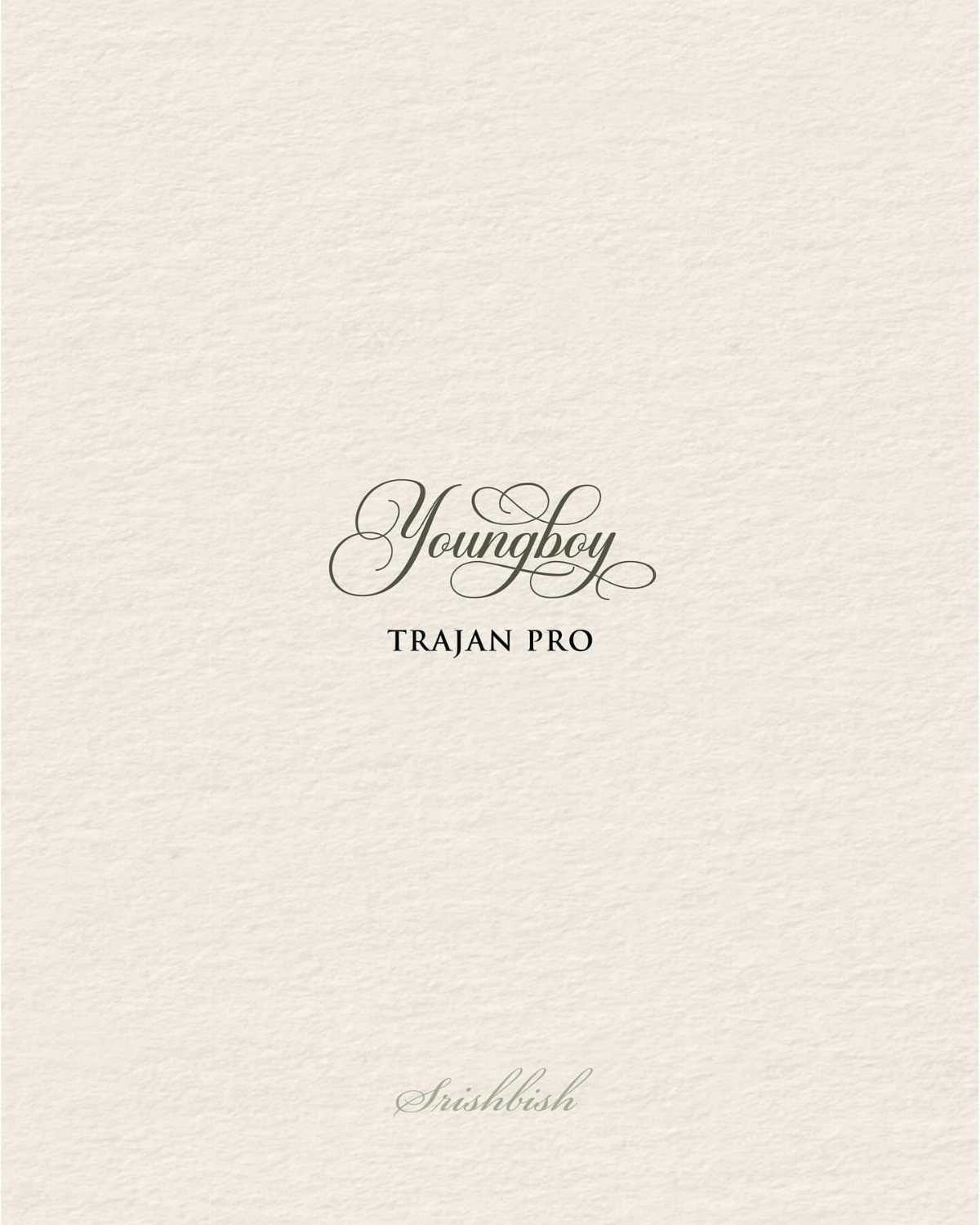 Calligraphy and serif font samples printed on textured off-white paper.