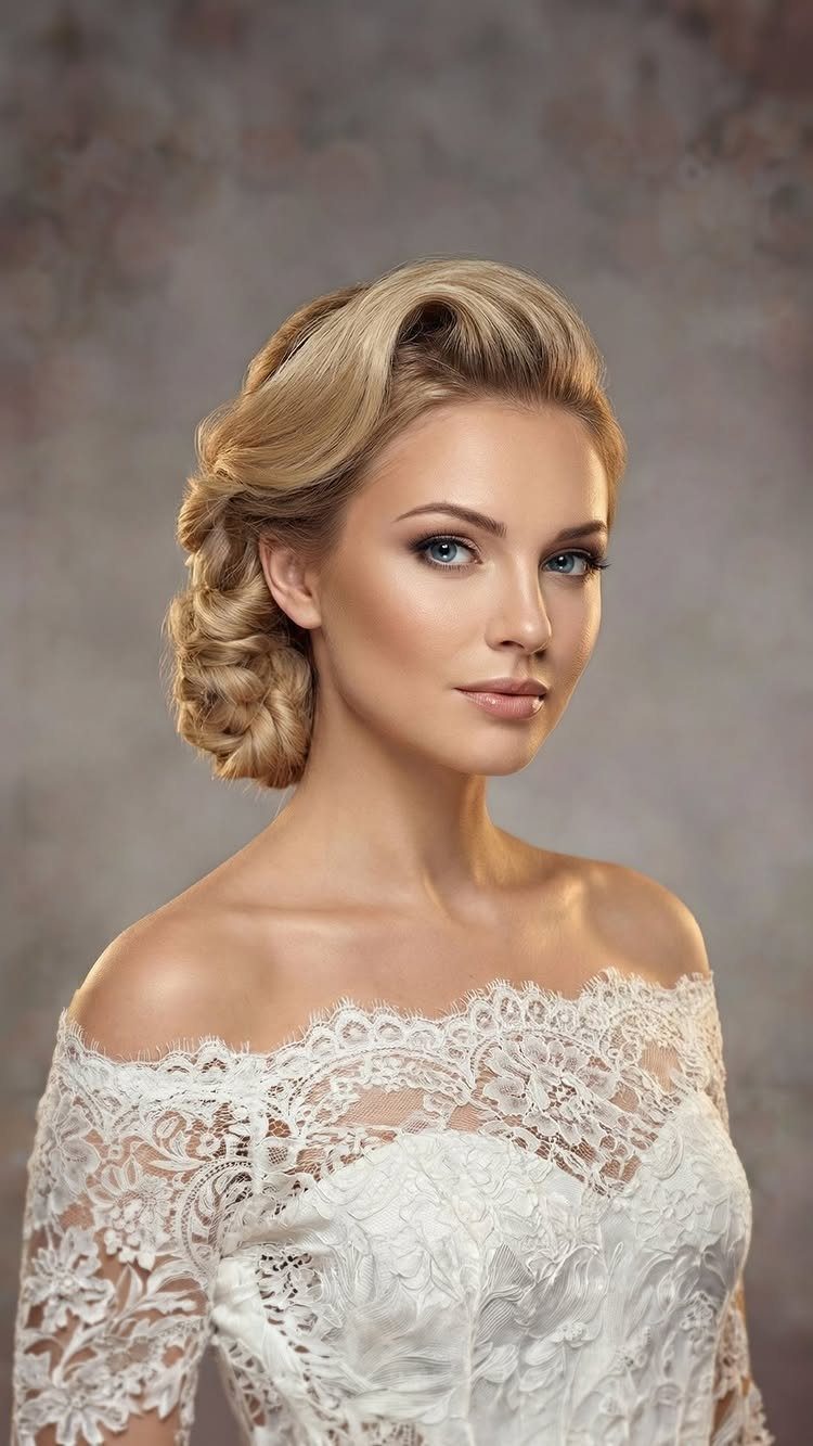 Blonde bride with an elegant updo hairstyle wearing a white lace wedding dress.